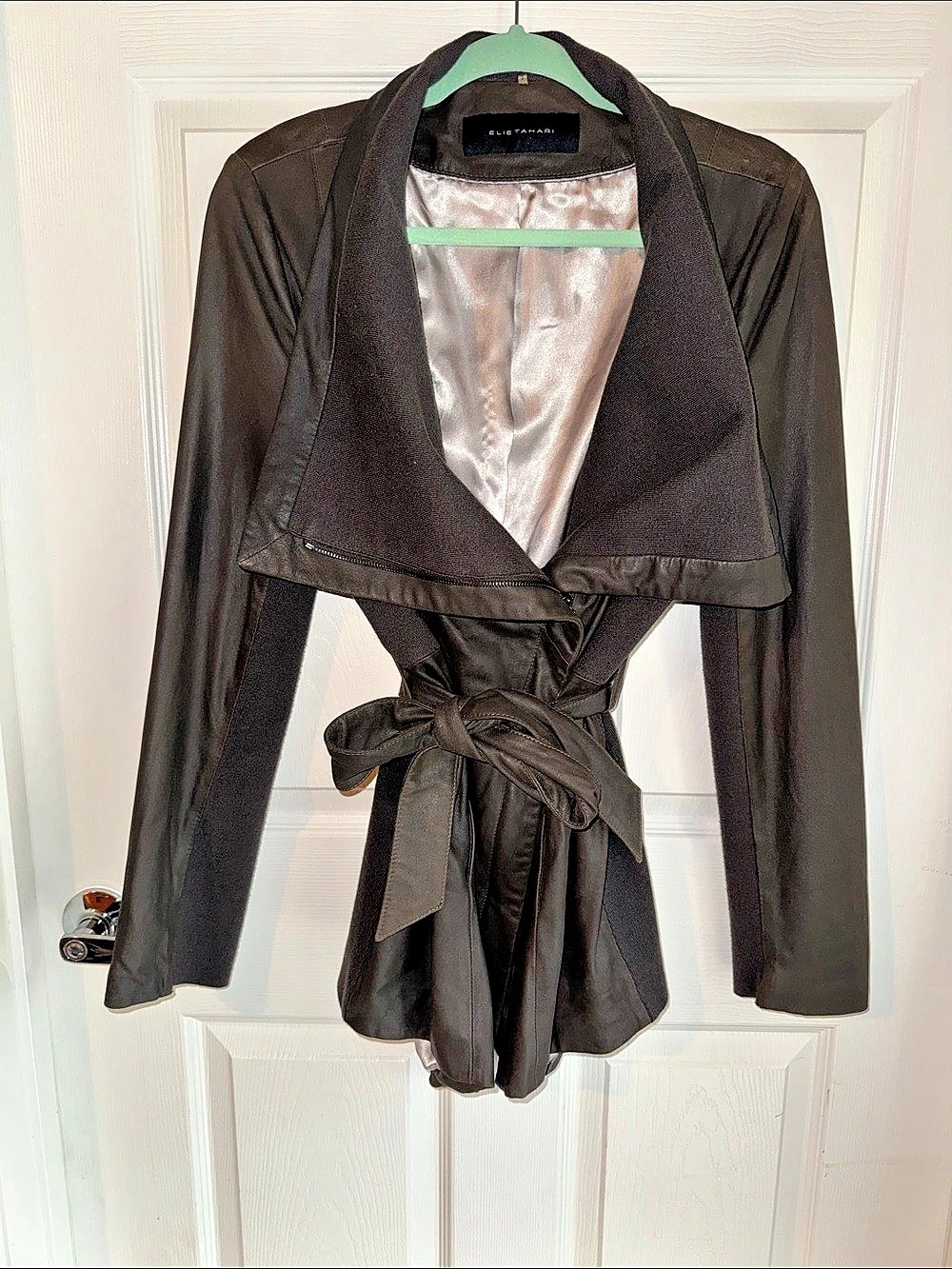 ELIE TAHARI Leather Wrap Jacket in G126ray Size L